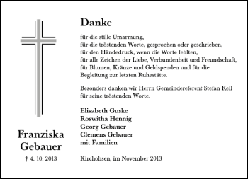 Traueranzeige von Franziska Gebauer von Deister- und Weserzeitung