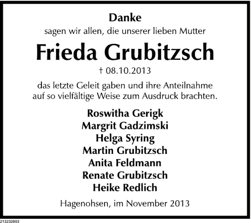  Traueranzeige für Frieda Grubitzsch vom 02.11.2013 aus Deister- und Weserzeitung