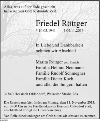 Traueranzeige von Friedel Röttger von Deister- und Weserzeitung