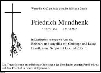 Traueranzeige von Friedrich Mundhenk von Deister- und Weserzeitung