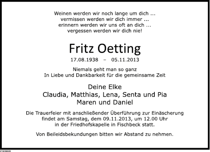  Traueranzeige für Fritz Oetting vom 07.11.2013 aus Deister- und Weserzeitung
