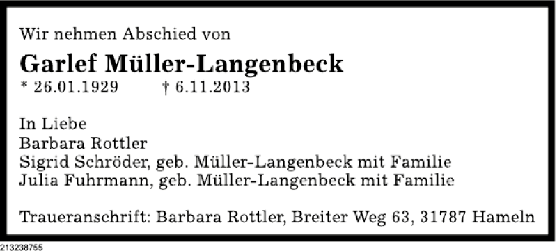  Traueranzeige für Garlef Müller-Langenbeck vom 13.11.2013 aus Deister- und Weserzeitung