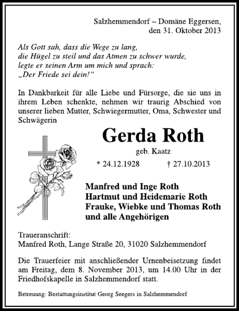  Traueranzeige für Gerda Roth vom 02.11.2013 aus Deister- und Weserzeitung