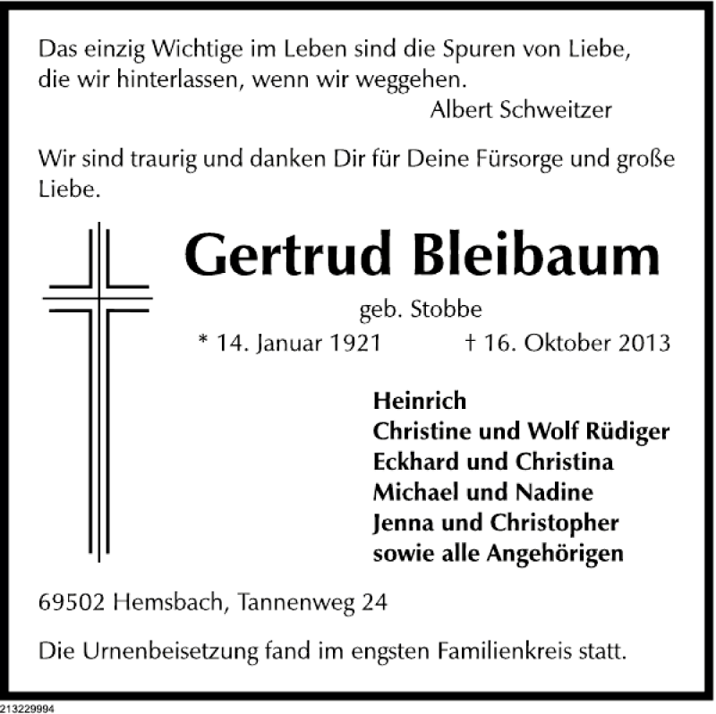  Traueranzeige für Gertrud Bleibaum vom 02.11.2013 aus Deister- und Weserzeitung