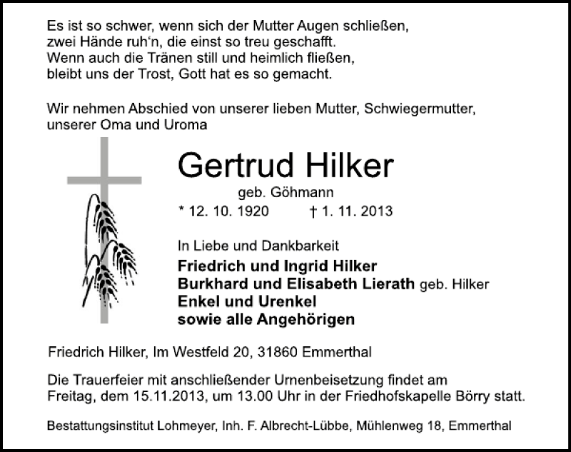  Traueranzeige für Gertrud Hilker vom 12.11.2013 aus Deister- und Weserzeitung