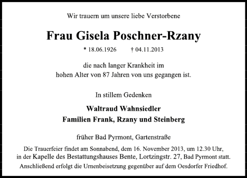  Traueranzeige für Gisela Poschner-Rzany vom 11.11.2013 aus Deister- und Weserzeitung
