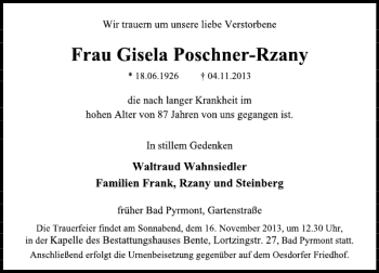 Traueranzeige von Gisela Poschner-Rzany von Deister- und Weserzeitung