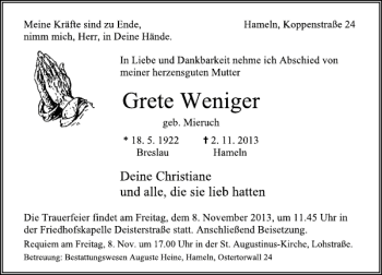 Traueranzeige von Grete Weniger von Deister- und Weserzeitung
