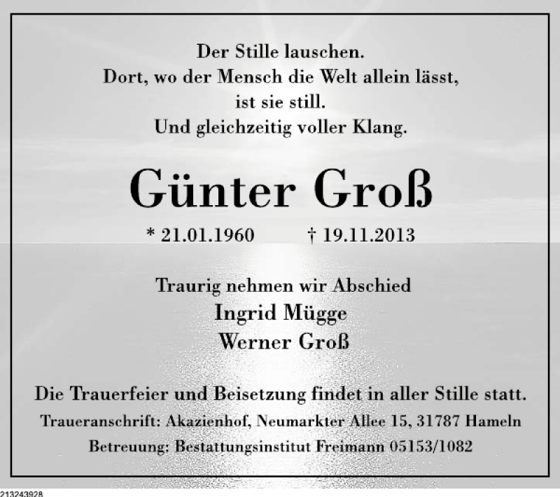  Traueranzeige für Günter Groß vom 23.11.2013 aus Deister- und Weserzeitung