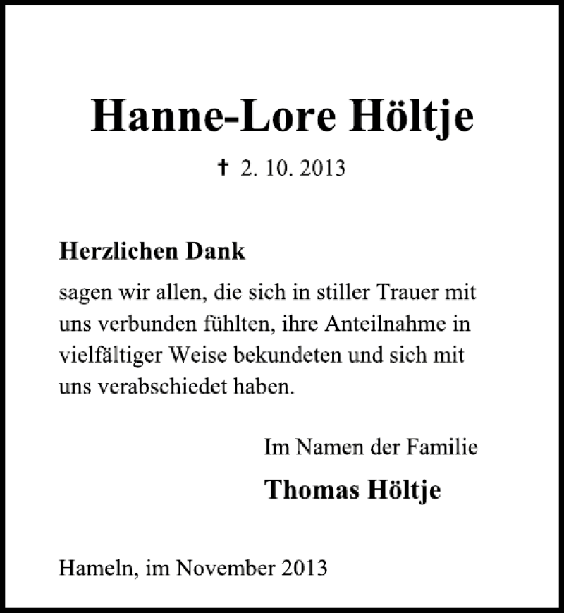  Traueranzeige für Hanne-Lore Höltje vom 02.11.2013 aus Deister- und Weserzeitung