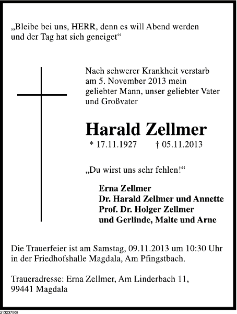  Traueranzeige für Harald Zellmer vom 08.11.2013 aus Deister- und Weserzeitung