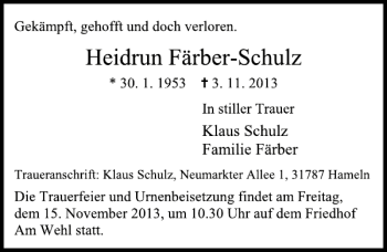 Traueranzeige von Heidrun Färber-Schulz von Deister- und Weserzeitung