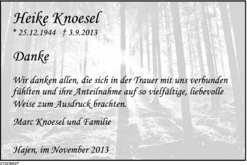 Traueranzeige von Heike Knoesel Danke von Deister- und Weserzeitung