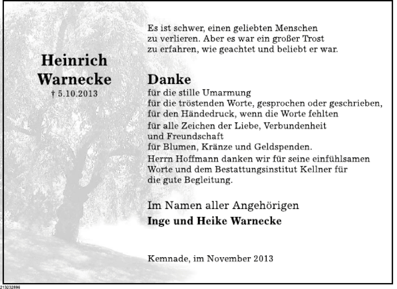  Traueranzeige für Heinrich Warnecke vom 02.11.2013 aus Deister- und Weserzeitung