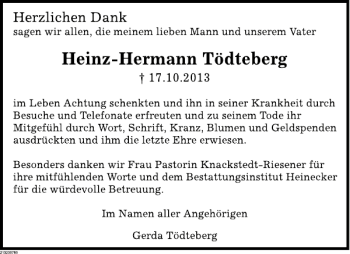 Traueranzeige von Heinz-Hermann Tödteberg von Deister- und Weserzeitung