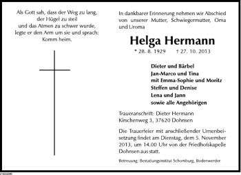 Traueranzeige von Helga Hermann von Deister- und Weserzeitung