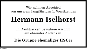 Traueranzeige von Hermann Iselhorst von Deister- und Weserzeitung