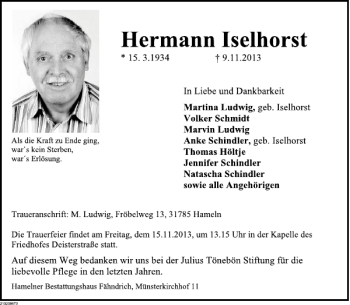 Traueranzeige von Hermann Iselhorst von Deister- und Weserzeitung