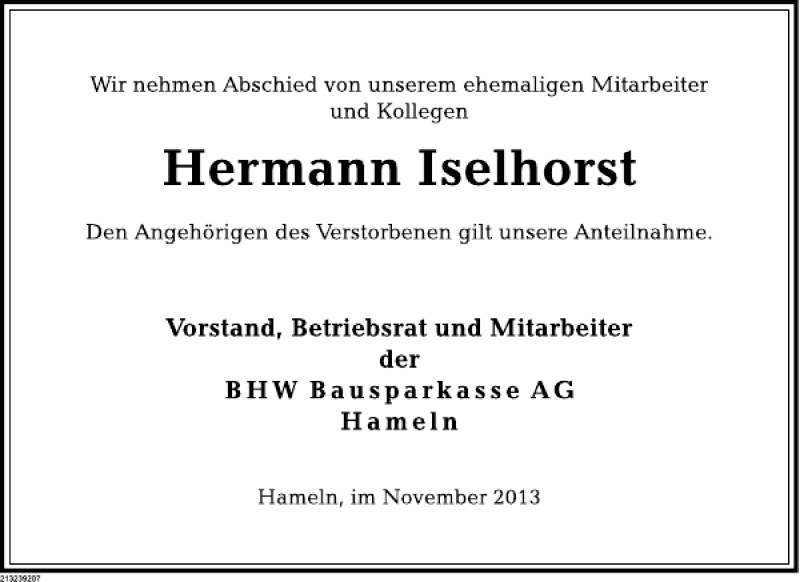  Traueranzeige für Hermann Iselhorst vom 15.11.2013 aus Deister- und Weserzeitung