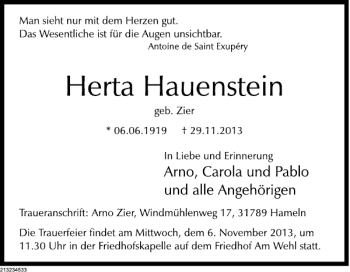 Traueranzeige von Herta Hauenstein von Deister- und Weserzeitung