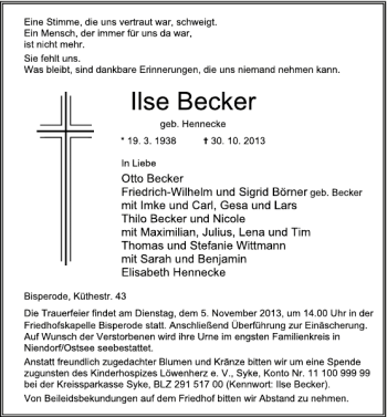 Traueranzeige von Ilse Becker von Deister- und Weserzeitung