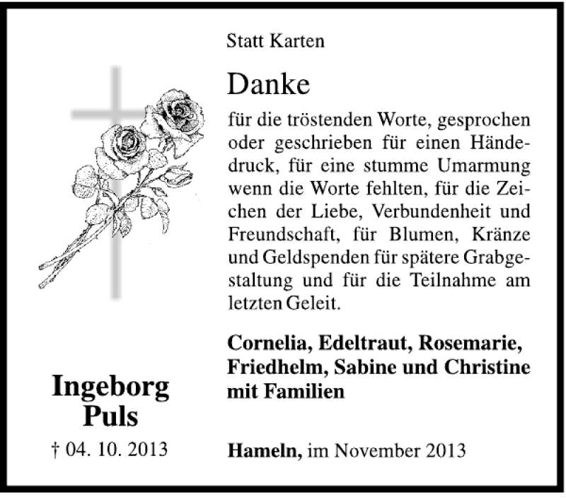  Traueranzeige für Ingeborg Puls vom 02.11.2013 aus Deister- und Weserzeitung