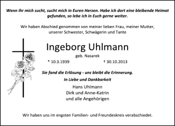 Traueranzeige von Ingeborg Uhlmann von Deister- und Weserzeitung