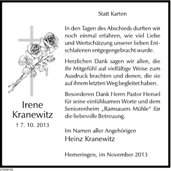 Traueranzeige von Irene Kranewitz von Deister- und Weserzeitung
