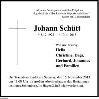 Traueranzeige von Johann Schütt von Deister- und Weserzeitung