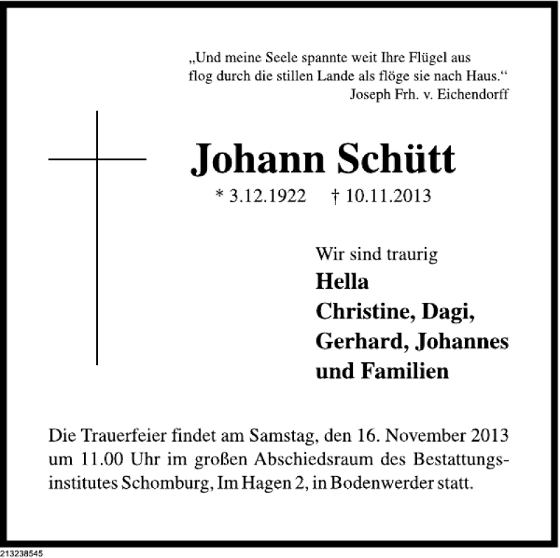  Traueranzeige für Johann Schütt vom 12.11.2013 aus Deister- und Weserzeitung