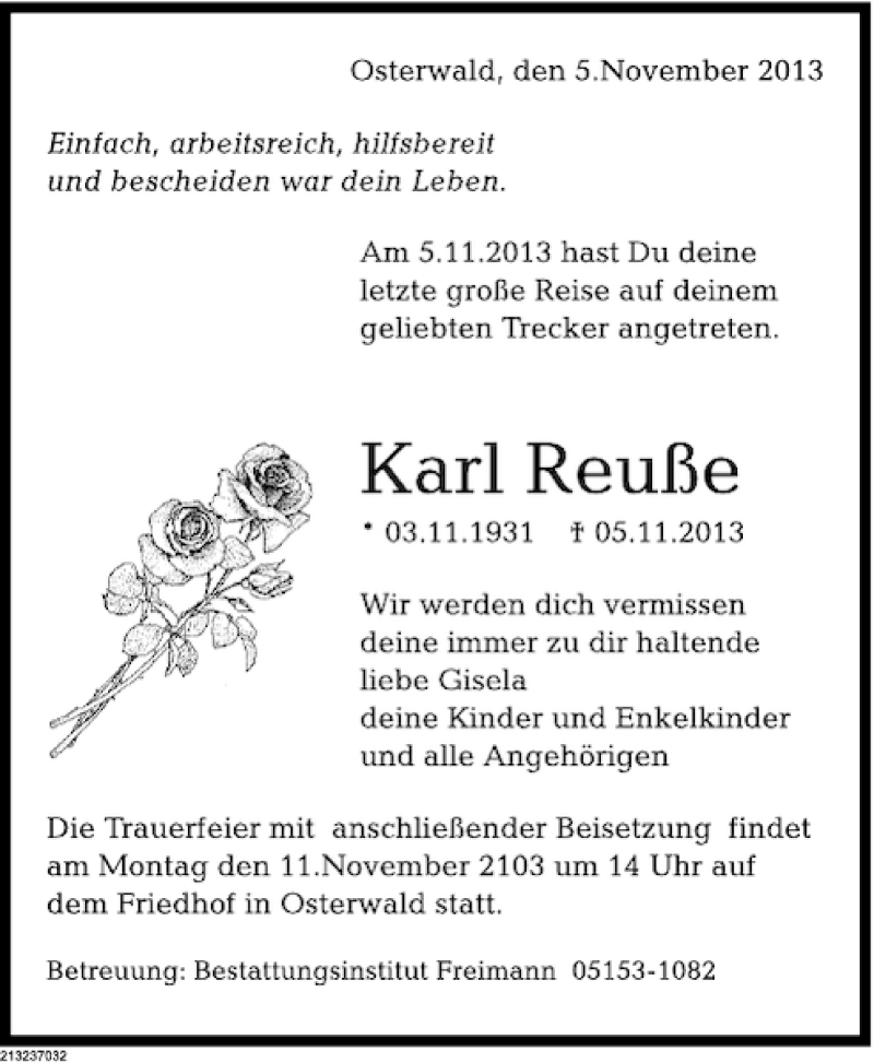  Traueranzeige für Karl Reuße vom 08.11.2013 aus Deister- und Weserzeitung