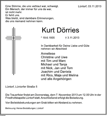 Traueranzeige von Kurt Dörries von Deister- und Weserzeitung