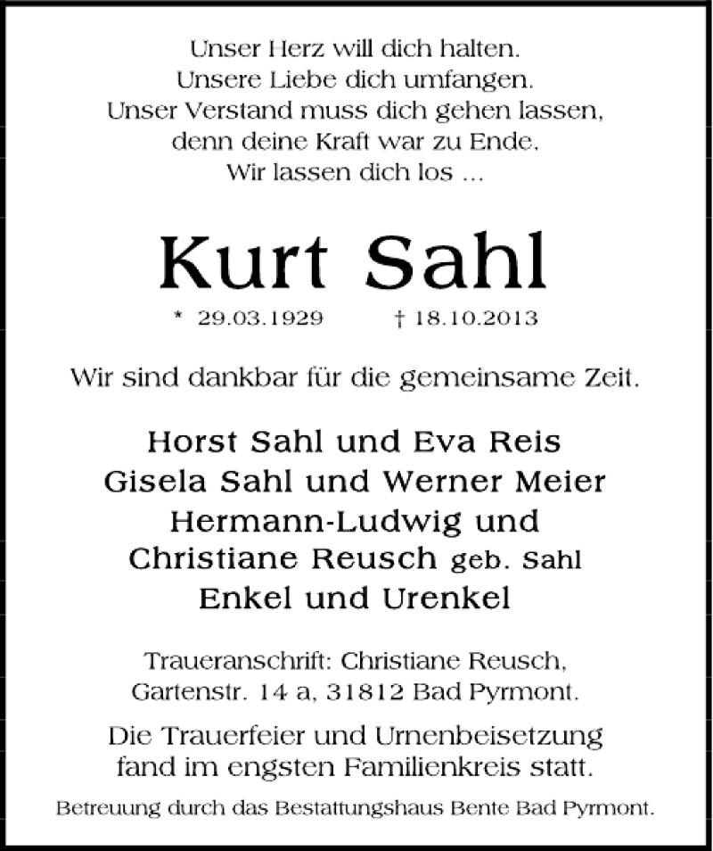  Traueranzeige für Kurt Sahl vom 02.11.2013 aus Deister- und Weserzeitung