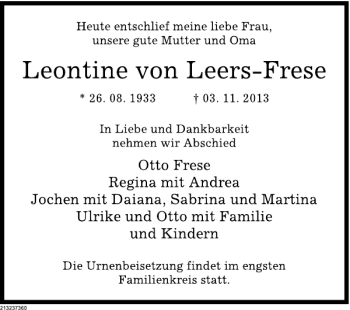 Traueranzeige von Leontine von Leers-Frese von Deister- und Weserzeitung