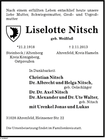 Traueranzeige von Liselotte Nitsch von Deister- und Weserzeitung