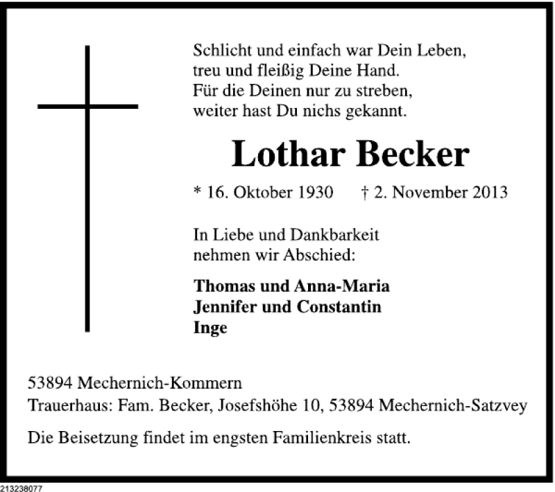  Traueranzeige für Lothar Becker vom 13.11.2013 aus Deister- und Weserzeitung