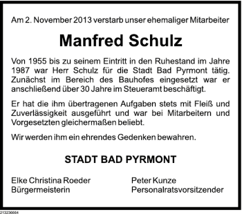 Traueranzeige von Manfred Schulz von Deister- und Weserzeitung