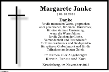 Traueranzeige von Margarete Janke von Deister- und Weserzeitung