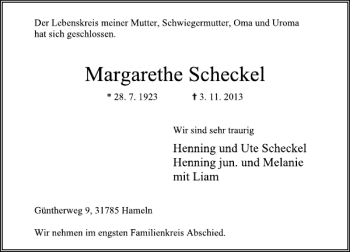 Traueranzeige von Margarethe Scheckel von Deister- und Weserzeitung