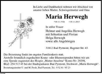 Traueranzeige von Maria Herwegh von Deister- und Weserzeitung