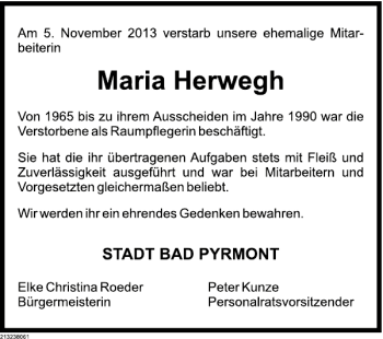 Traueranzeige von Maria Herwegh von Deister- und Weserzeitung