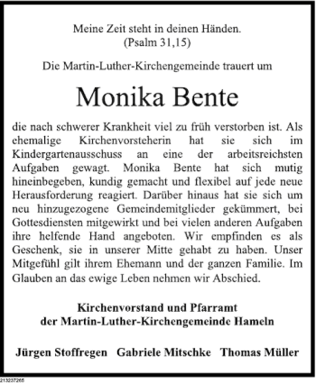 Traueranzeige von Monika Bente von Deister- und Weserzeitung