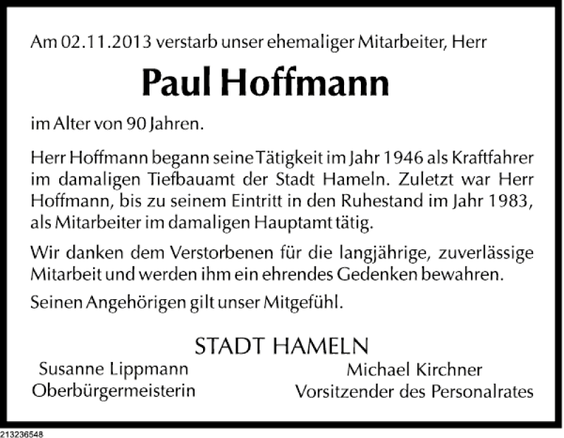  Traueranzeige für Paul Hoffmann vom 07.11.2013 aus Deister- und Weserzeitung