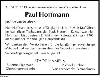 Traueranzeige von Paul Hoffmann von Deister- und Weserzeitung