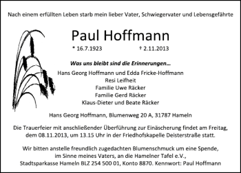 Traueranzeige von Paul Hoffmann von Deister- und Weserzeitung