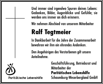 Traueranzeige von Ralf Tegtmeier von Deister- und Weserzeitung
