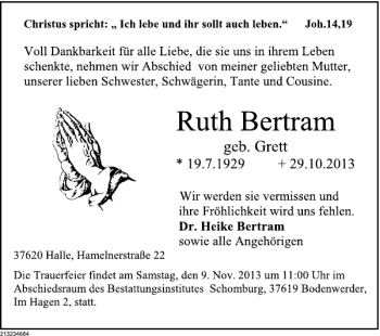 Traueranzeige von Ruth Bertram von Deister- und Weserzeitung