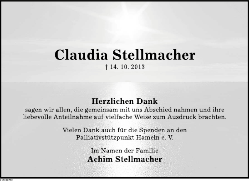  Traueranzeige für TD Claudia Stellmacher vom 15.11.2013 aus Deister- und Weserzeitung