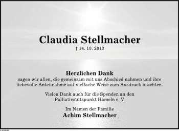 Traueranzeige von TD Claudia Stellmacher von Deister- und Weserzeitung