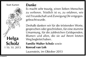 Traueranzeige von TDK Helga Scholz von Deister- und Weserzeitung